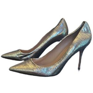 J. Crew Silver Metallic Heels lizard pattern printed over solid black
